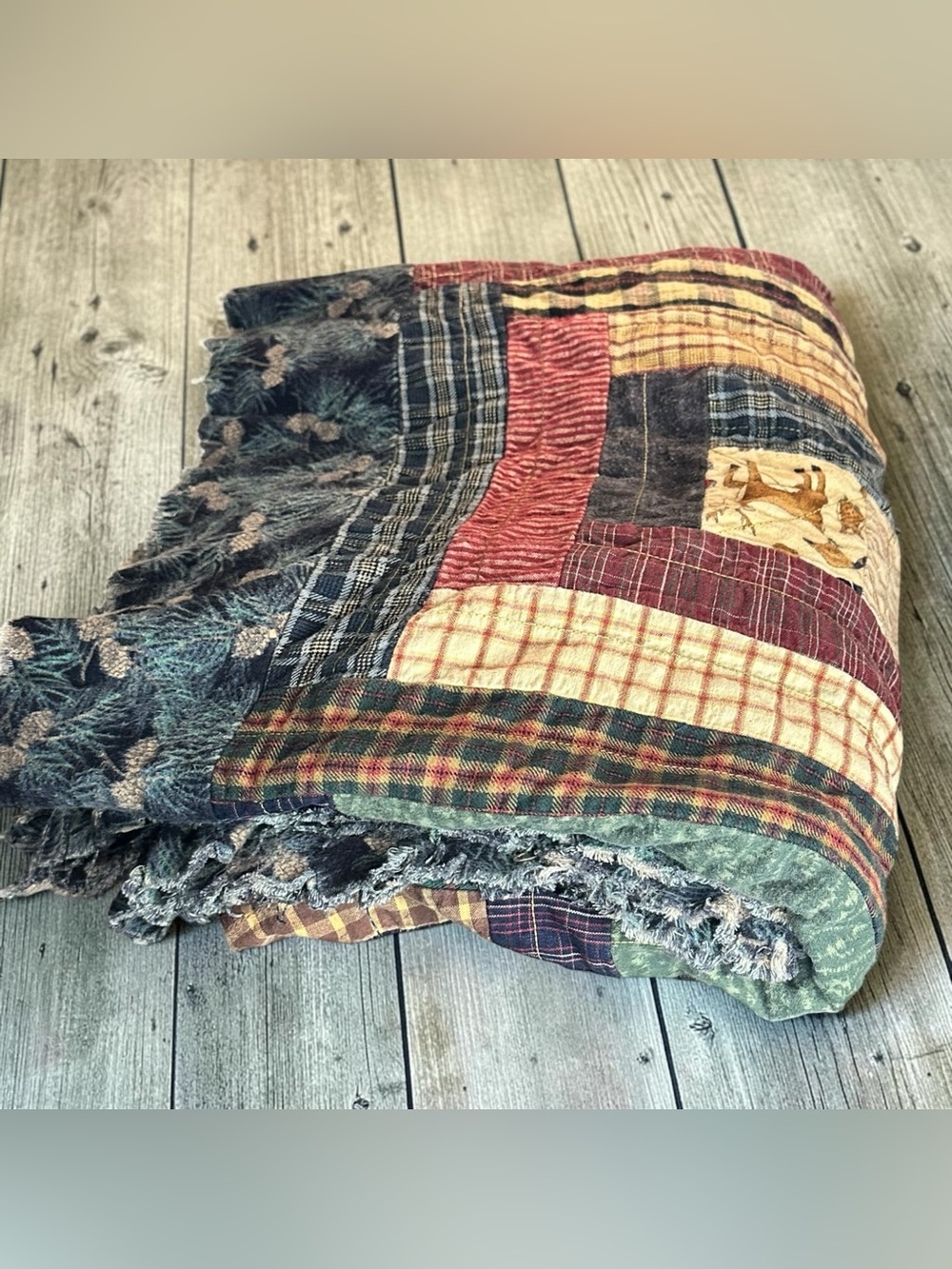 Handmade Patchwork Rag Quilt Throw 66x50 Log Cabin Bear Pinecone Plaid Rustic